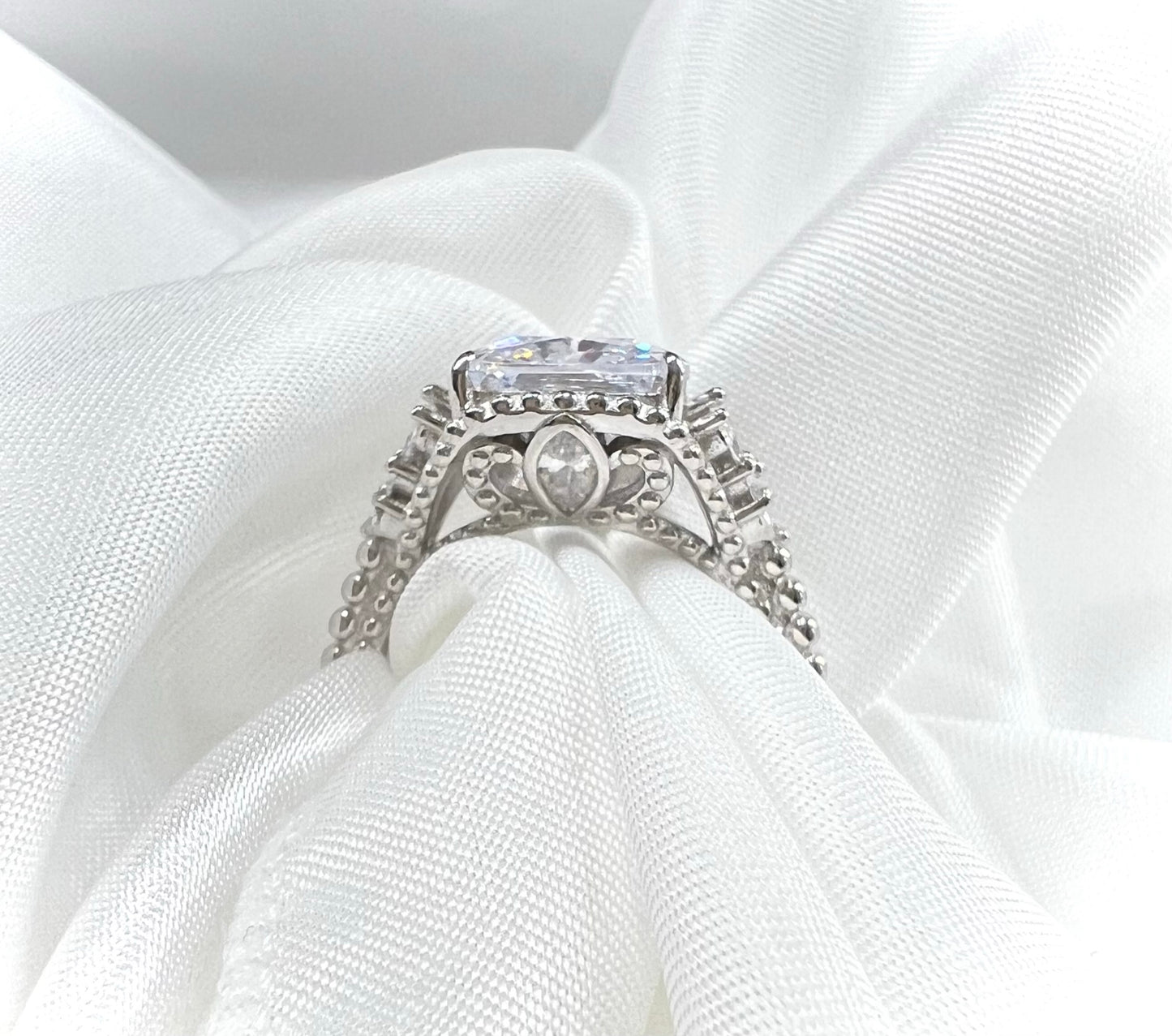 925 Sterling Silver Diamond CZ Beaded Shank Ring