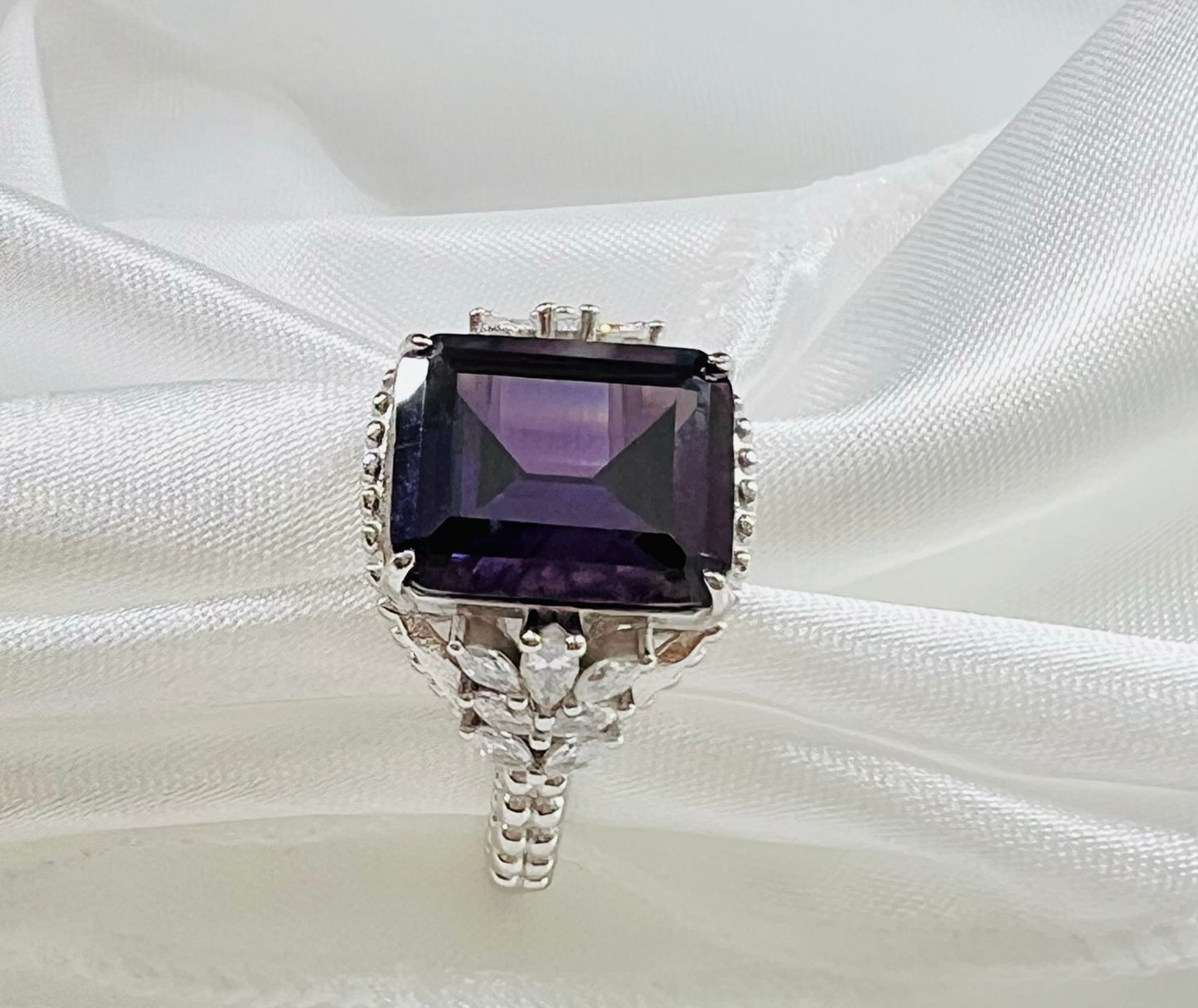 Emerald-Cut Purple CZ Beaded Shank 925 Sterling Silver Ring