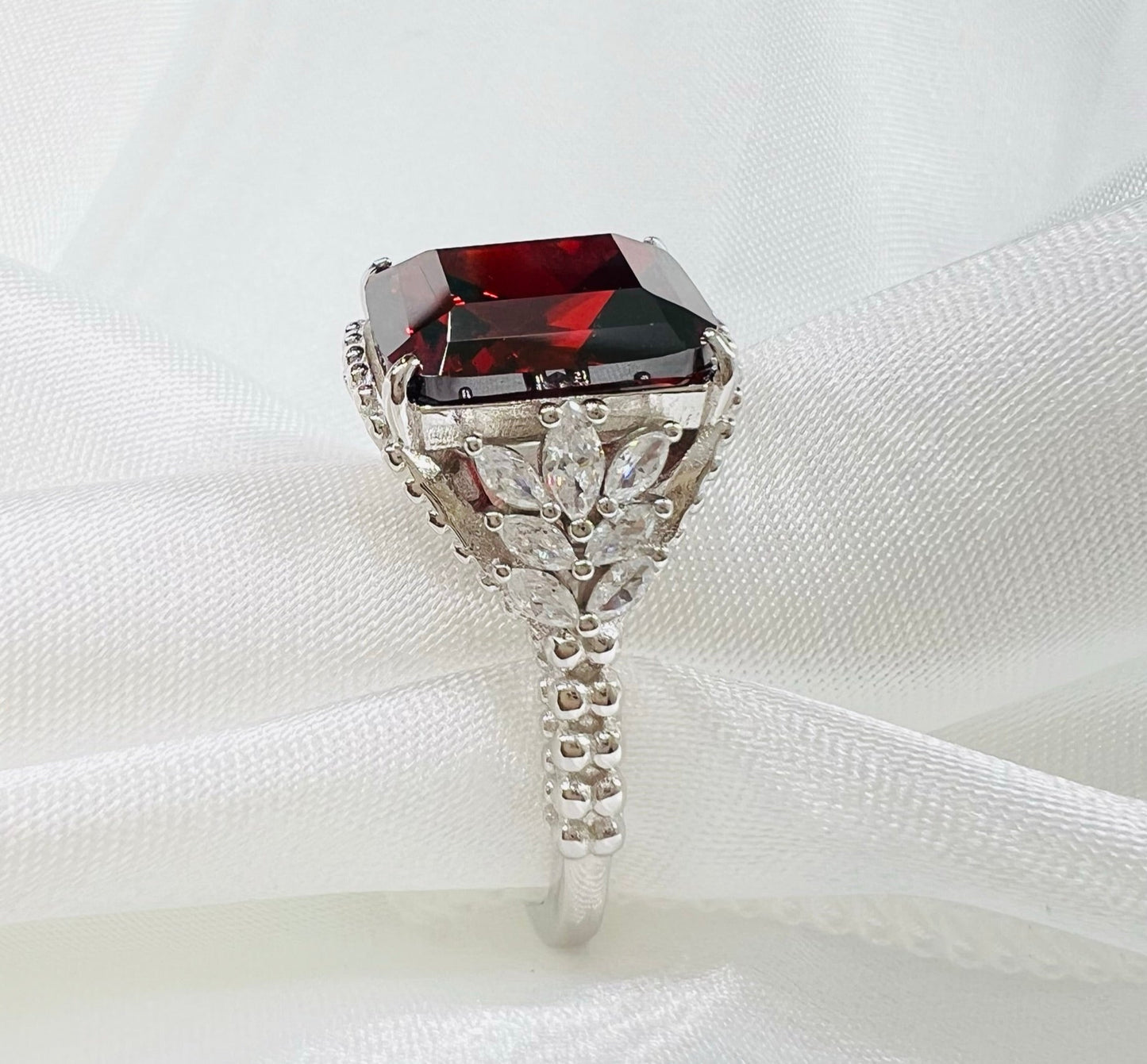 *PRE-ORDER - Emerald-Cut Garnet Red CZ Beaded Shank 925 Sterling Silver Ring