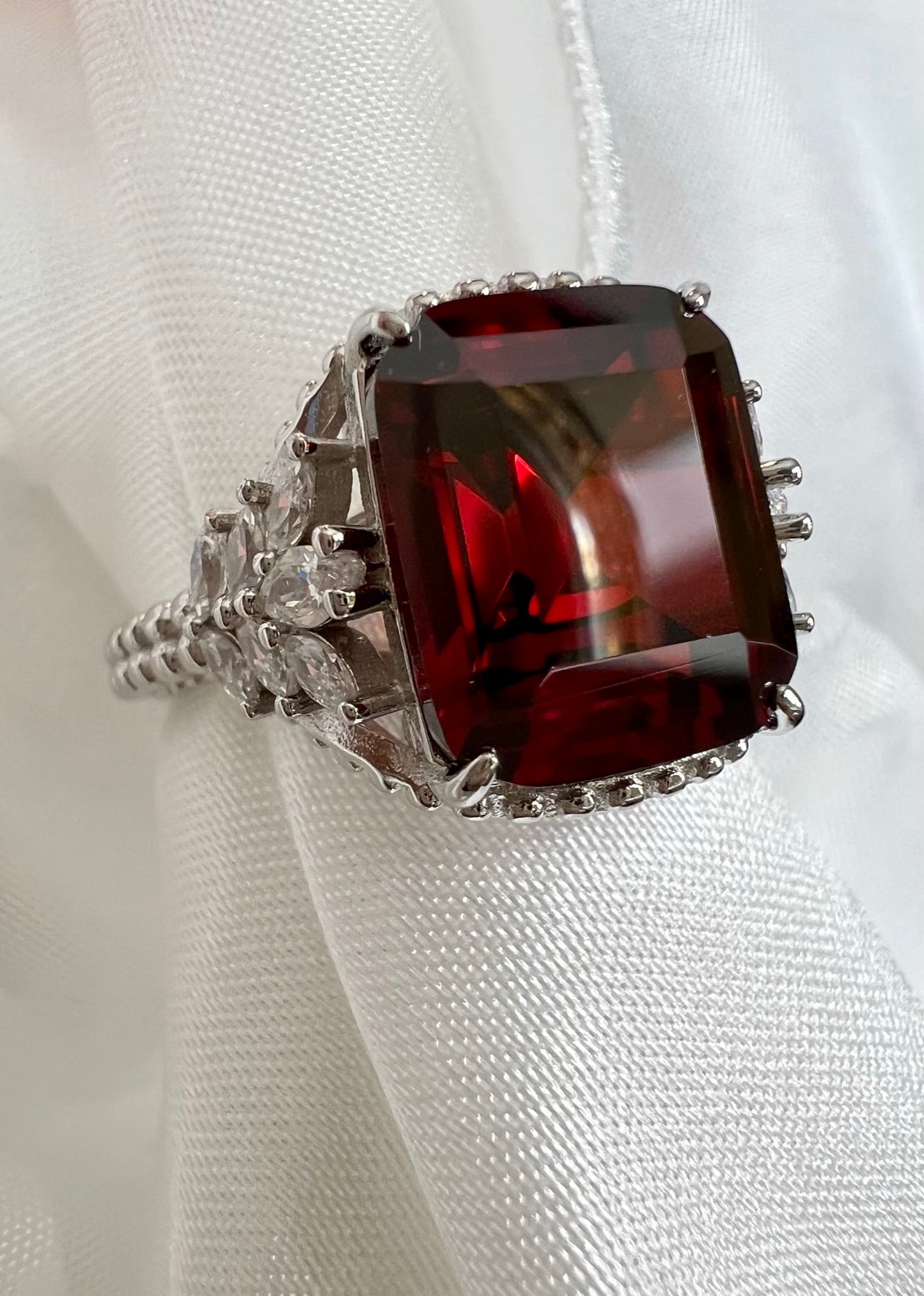 Emerald-Cut Garnet Red CZ Beaded Shank 925 Sterling Silver Ring