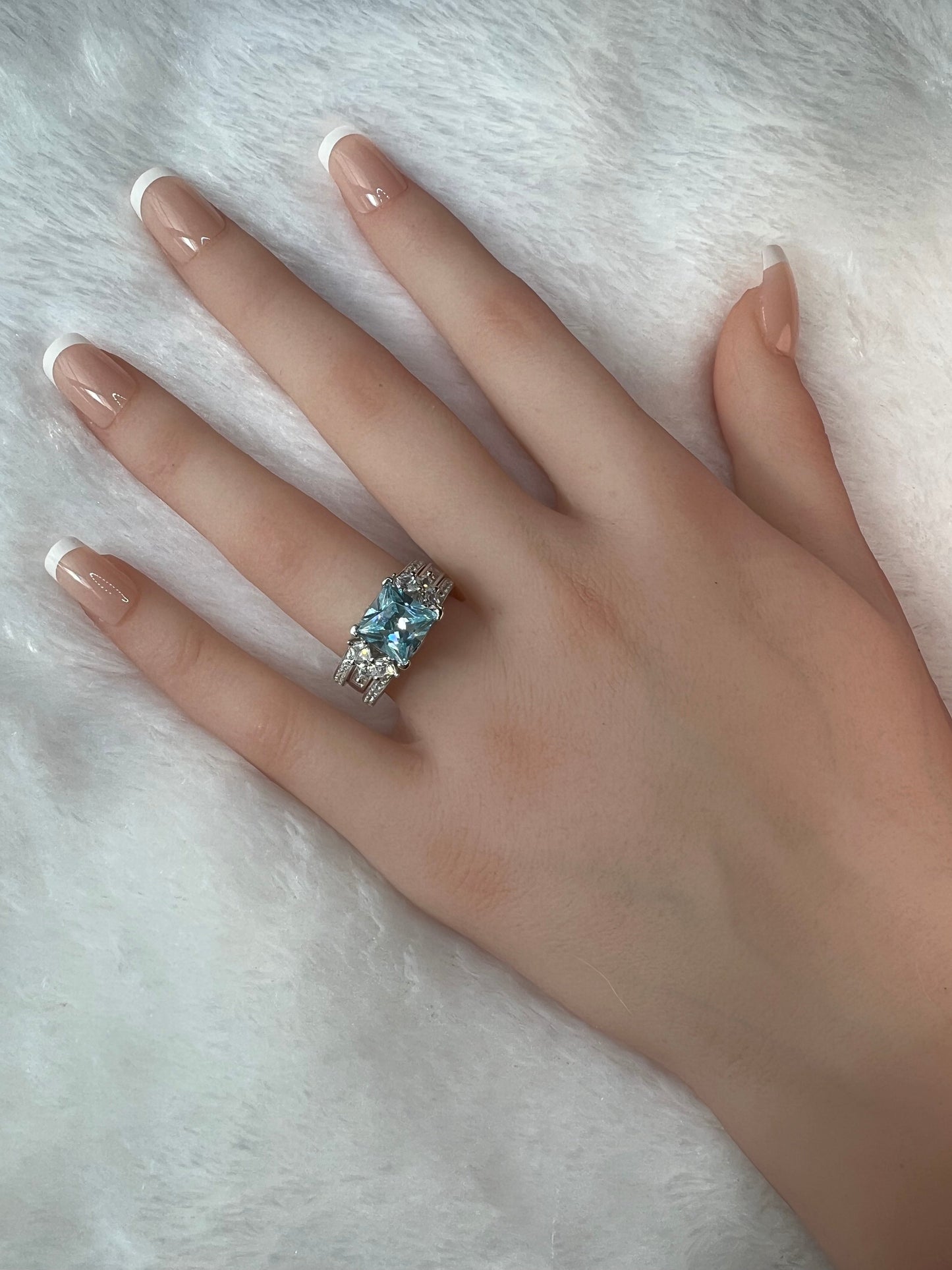 *PRE-ORDER - 925 Sterling Silver Princess Cut, Aquamarine Diamond CZ Tri-Band Ring