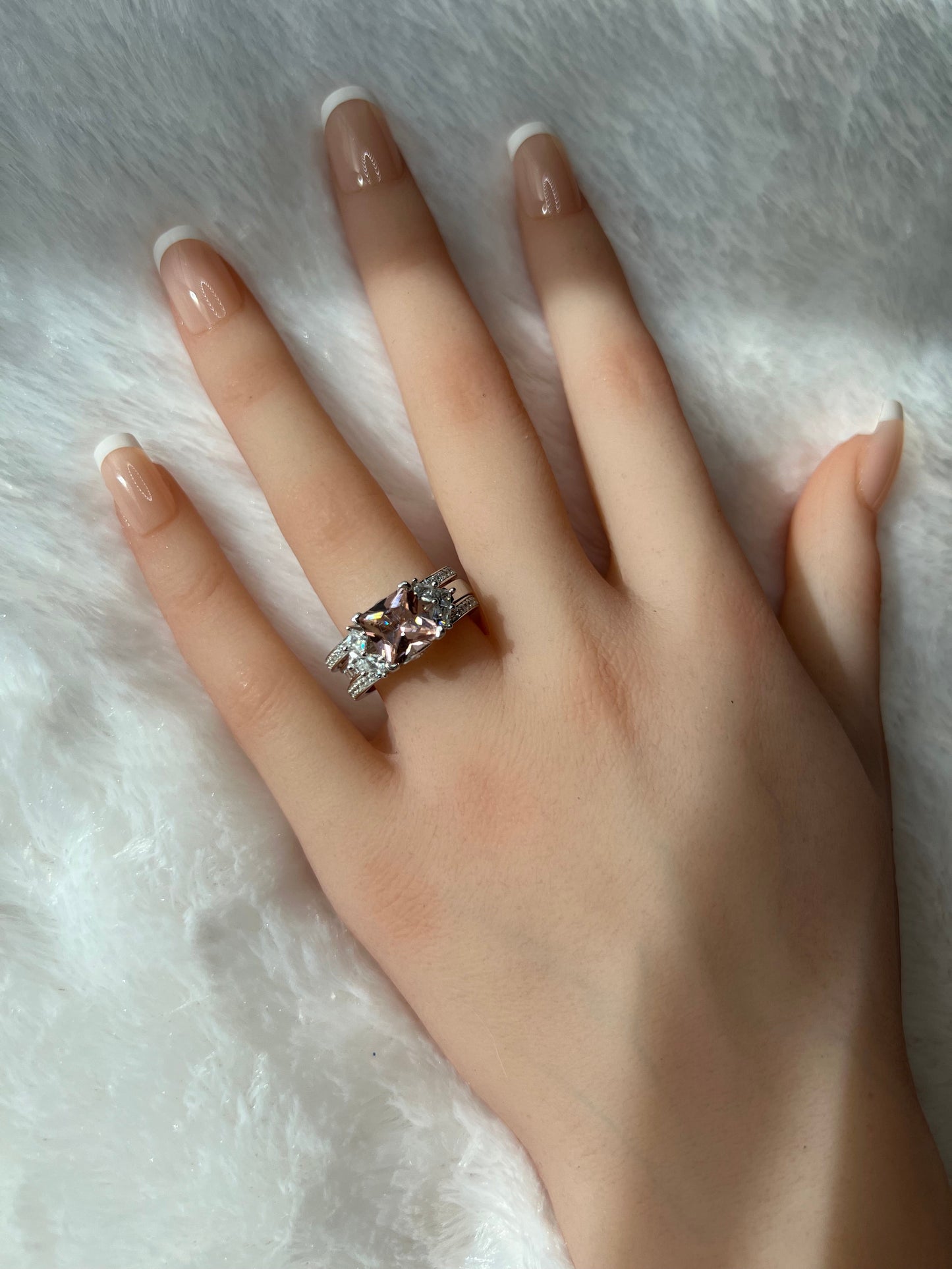 *PRE-ORDER - 925 Sterling Silver Princess Cut, Light Rhodolite Diamond CZ Tri-Band Ring