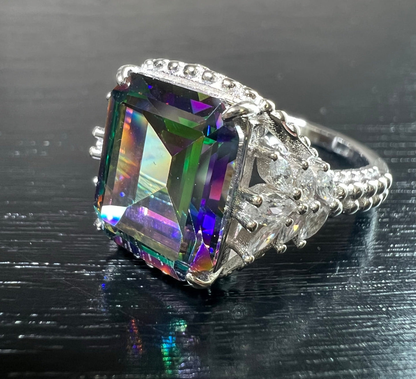 *PRE-ORDER - Emerald-Cut Rainbow Topaz Beaded Shank 925 Sterling Silver Ring