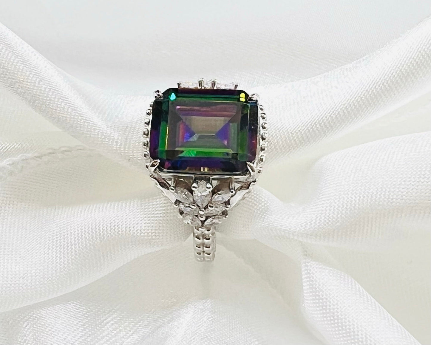 *PRE-ORDER - Emerald-Cut Rainbow Topaz Beaded Shank 925 Sterling Silver Ring