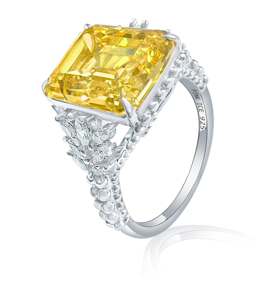 Emerald-Cut Yellow CZ Beaded Shank 925 Sterling Silver Ring