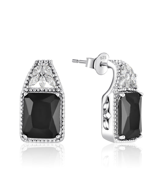 925 Sterling Silver Emerald-Cut Black Onyx Beaded Earrings
