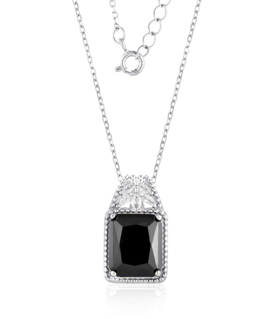 925 Sterling Silver Emerald-Cut Black Onyx Beaded Pendant Necklace