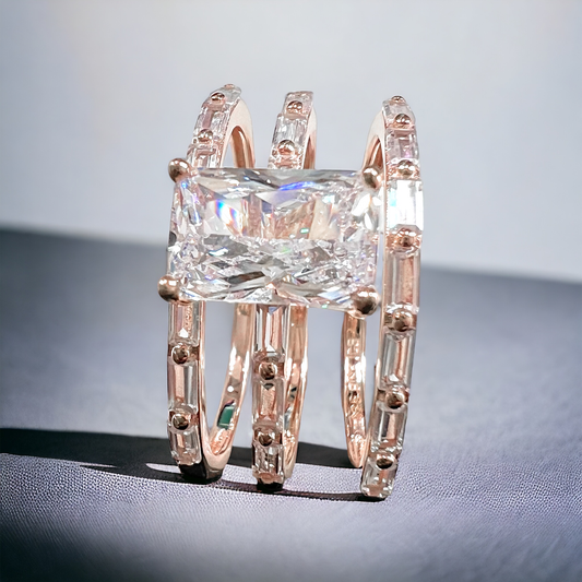 *PRE-ORDER* 925 Sterling Silver Emerald Cut Diamond 3 Piece Stackable Ring Set on Rose Gold