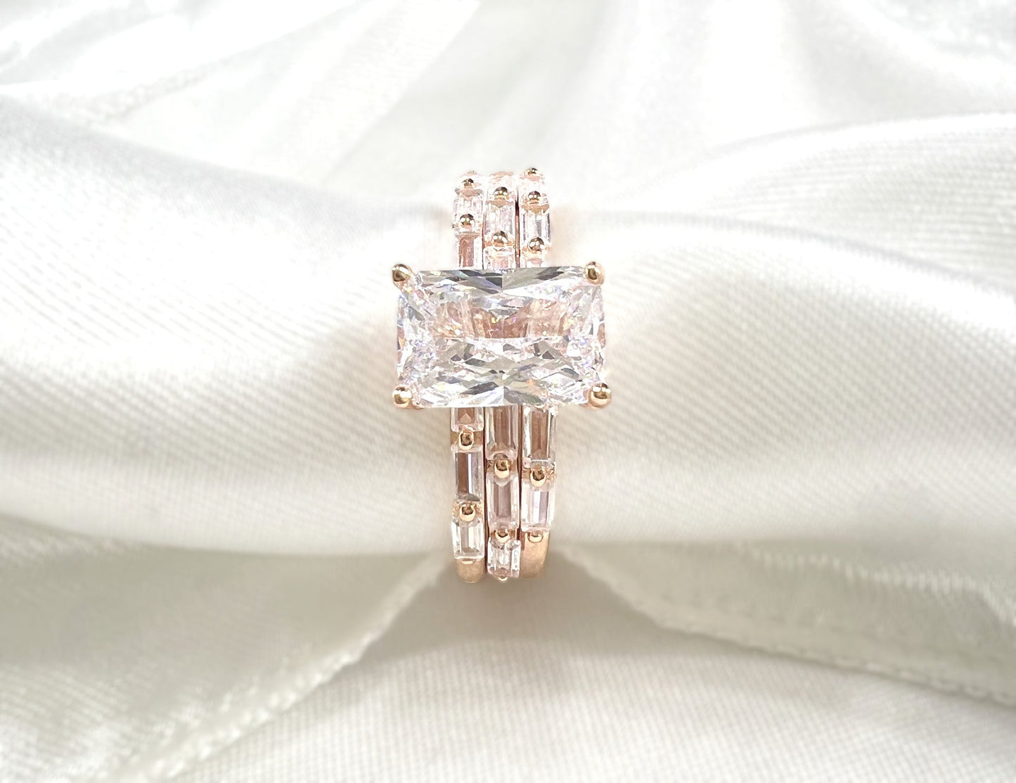 *PRE-ORDER* 925 Sterling Silver Emerald Cut Diamond 3 Piece Stackable Ring Set on Rose Gold
