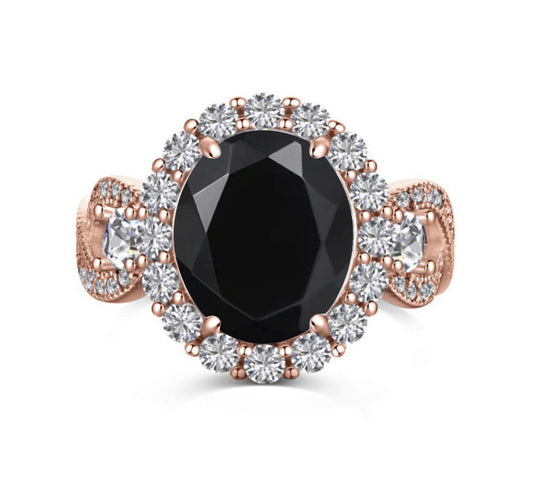 925 Sterling Silver Infinity Oval Cut Black Onyx & Diamond Cubic Zirconia Ring in Rose Gold - CS