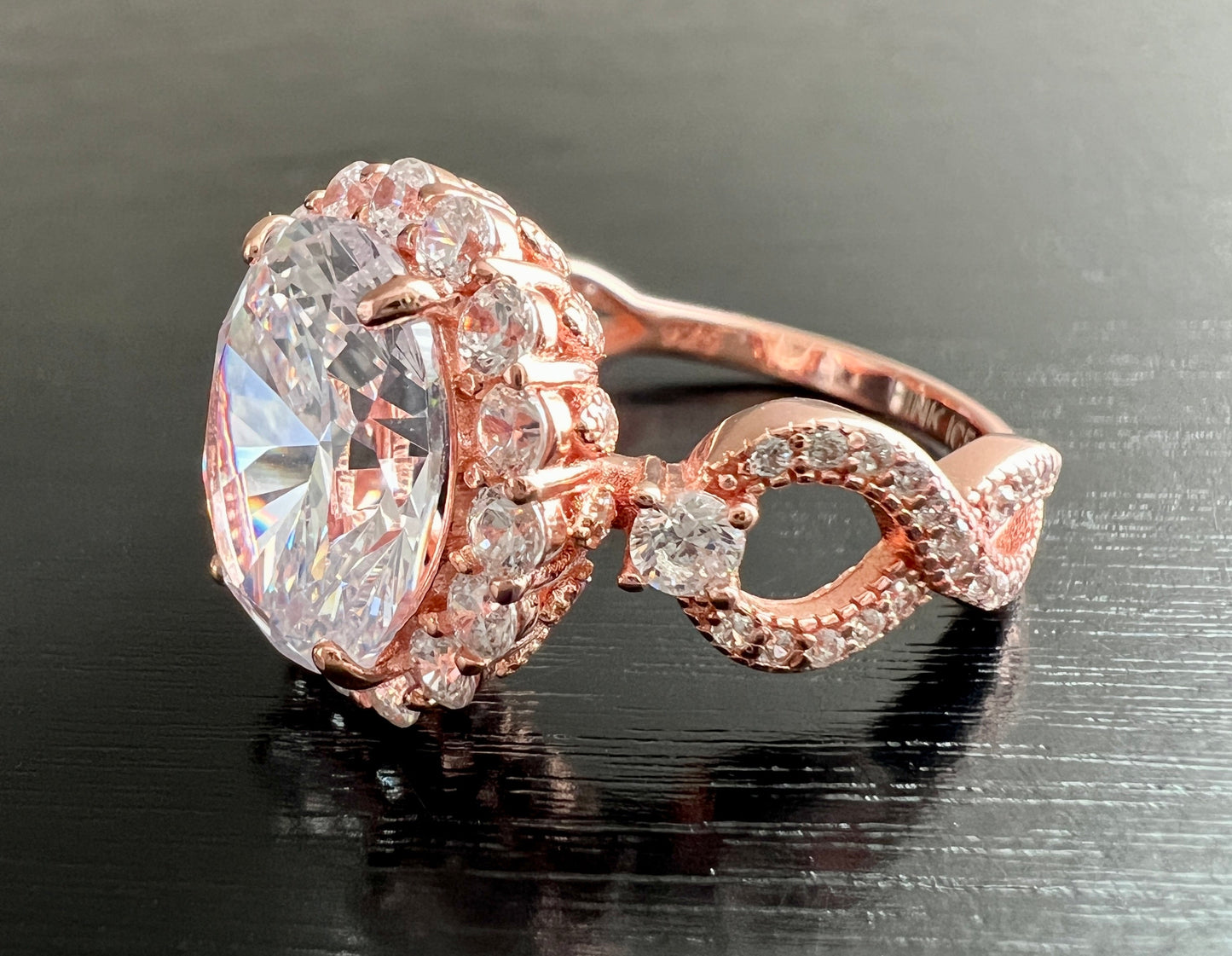 925 Sterling Silver Infinity Oval Cut Diamond Cubic Zirconia Ring - Rose Gold