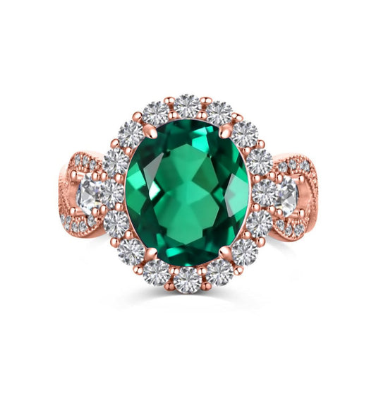925 Sterling Silver Infinity Oval Cut Green Emerald CZ Ring - Rose Gold