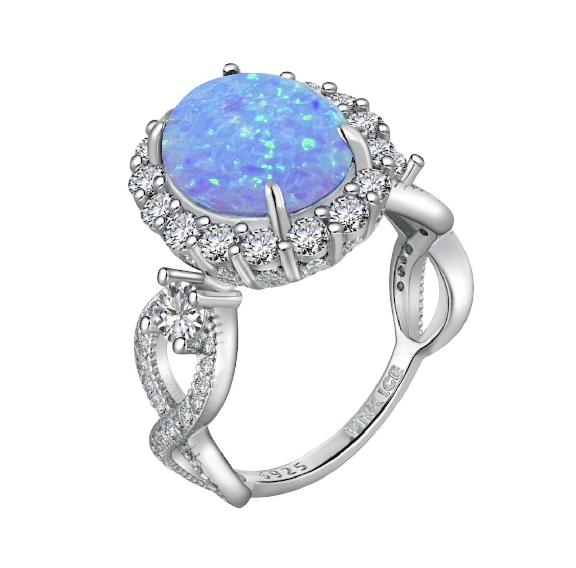 925 Sterling Silver Infinity Oval Cut Lab-Grown Blue Fire Opal & Diamond CZ