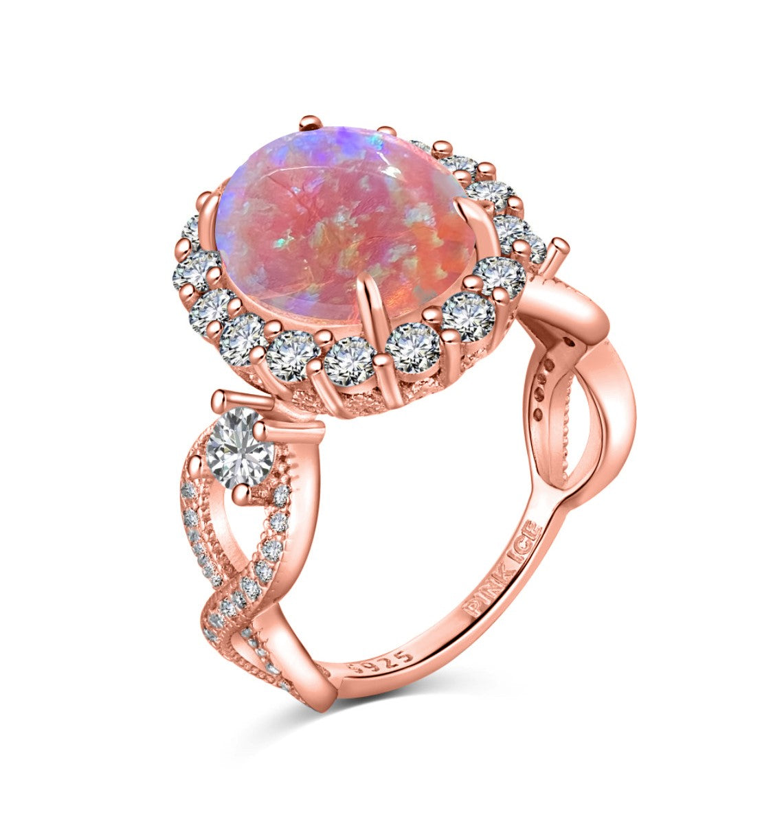 925 Sterling Silver Infinity Oval Cut Lab-Grown Semi Transparant Pink Opal & Diamond CZ - Rose Gold Plated