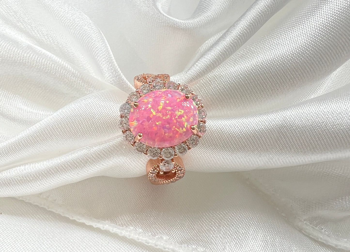 925 Sterling Silver Infinity Oval Cut Royal Pink Fire Opal & Diamond CZ on Rose Gold
