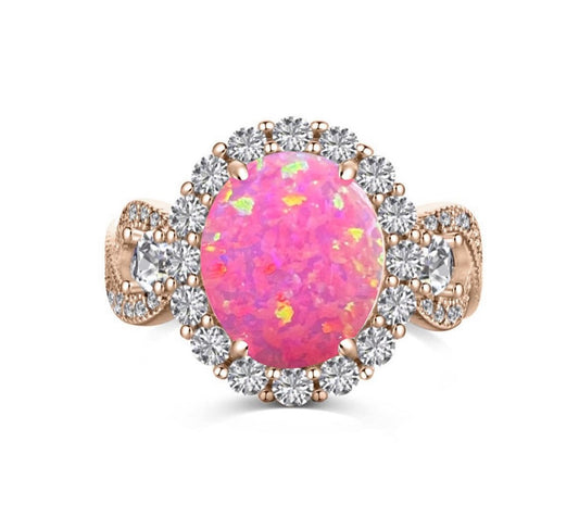 925 Sterling Silver Infinity Oval Cut Royal Pink Fire Opal & Diamond CZ on Rose Gold