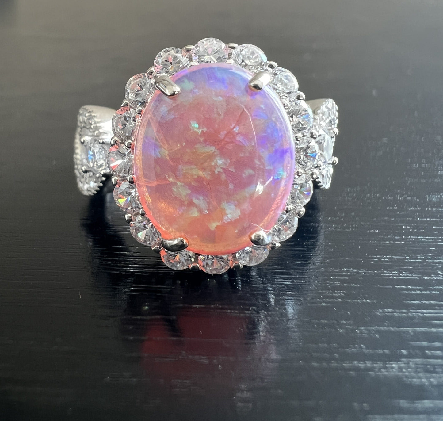 925 Sterling Silver Infinity Oval Cut Semi Transparent Pink Fire Opal & Diamond CZ Ring