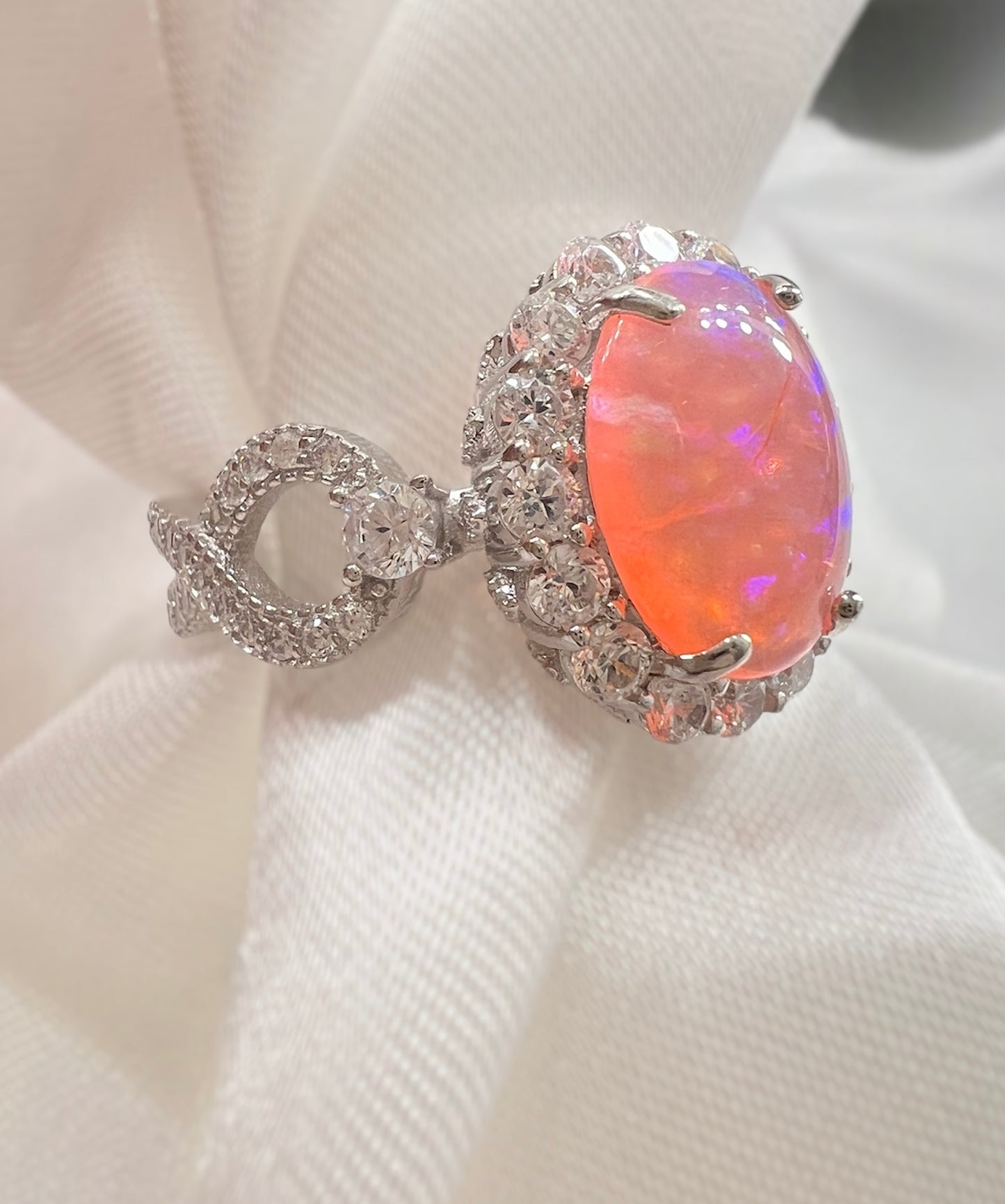925 Sterling Silver Infinity Oval Cut Semi Transparent Pink Fire Opal & Diamond CZ Ring