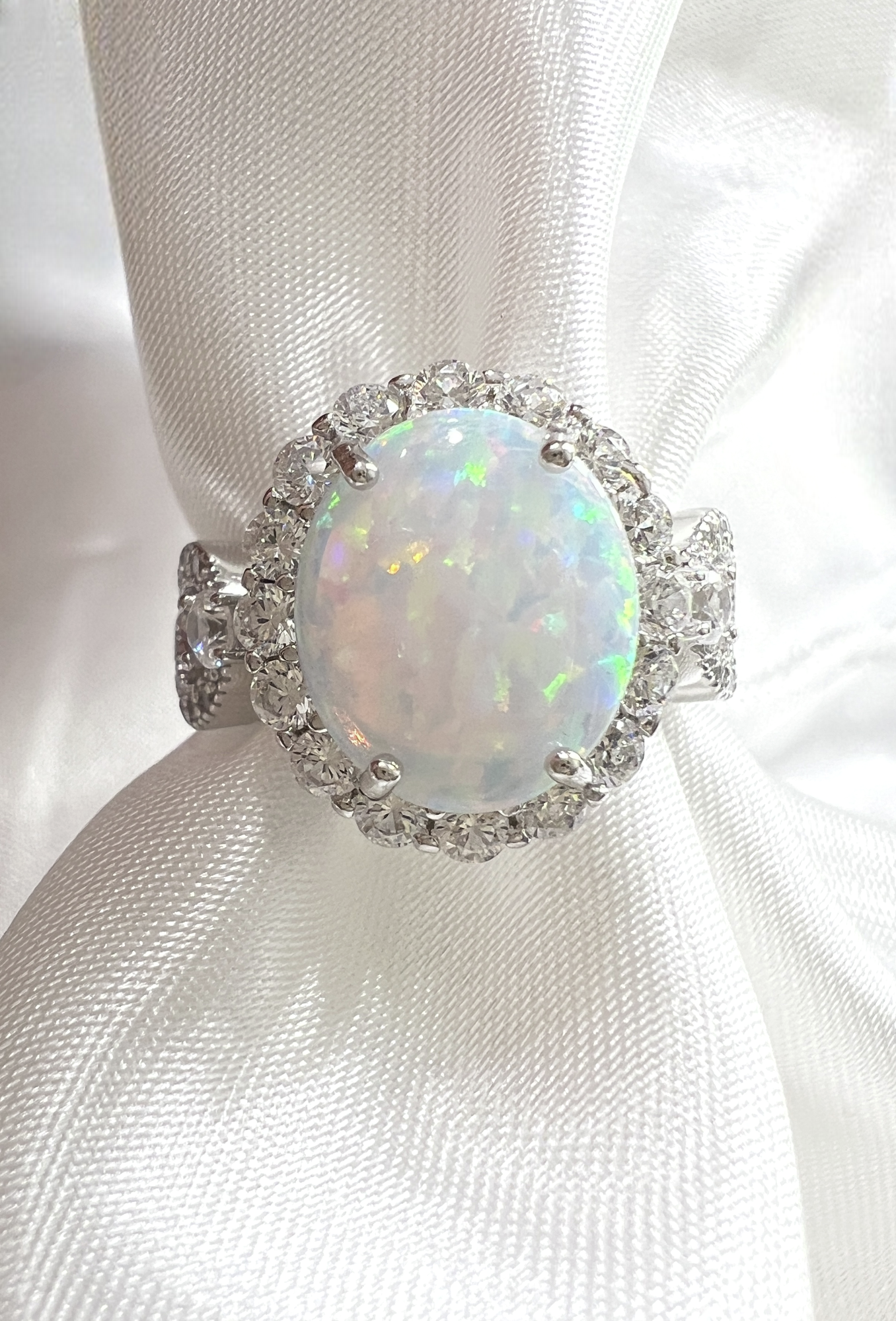 925 Sterling Silver Infinity Oval Cut White Fire Opal & Diamond CZ Ring
