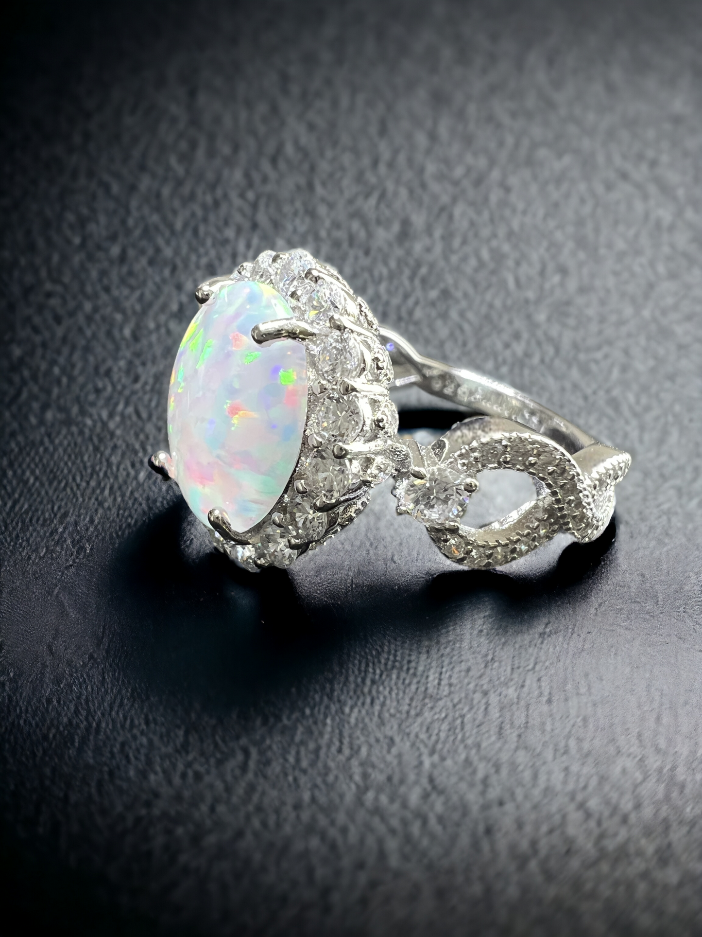 925 Sterling Silver Infinity Oval Cut White Fire Opal & Diamond CZ Ring