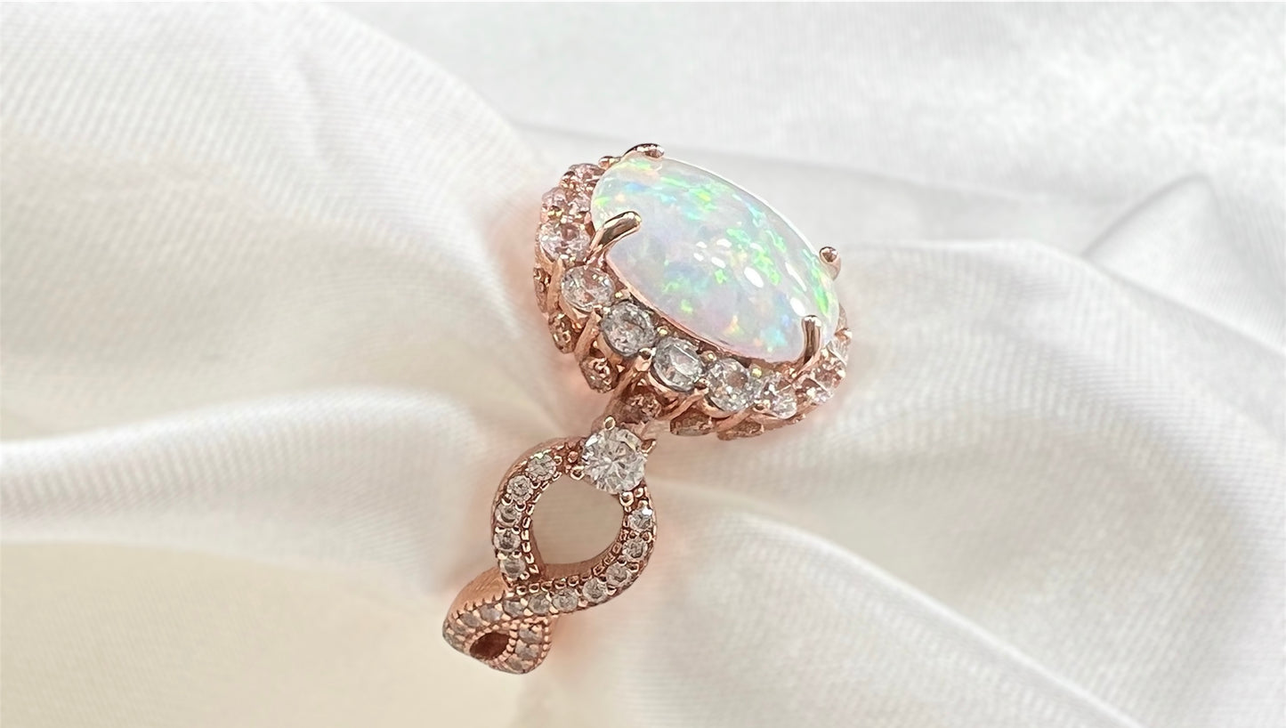 925 Sterling Silver Infinity Oval Cut White Fire Opal & Diamond CZ Ring - Rose Gold