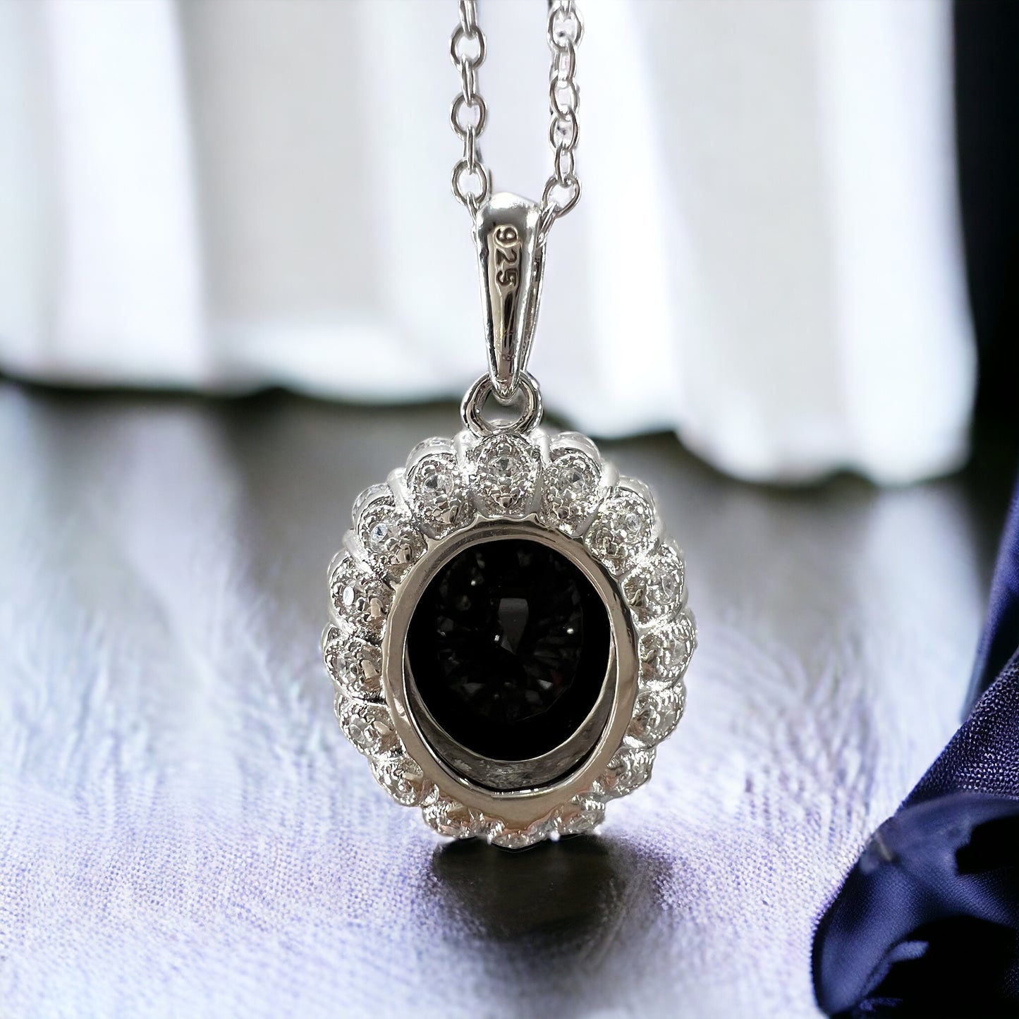 925 Sterling Silver Oval Cut Black Onyx Halo Pendant Necklace
