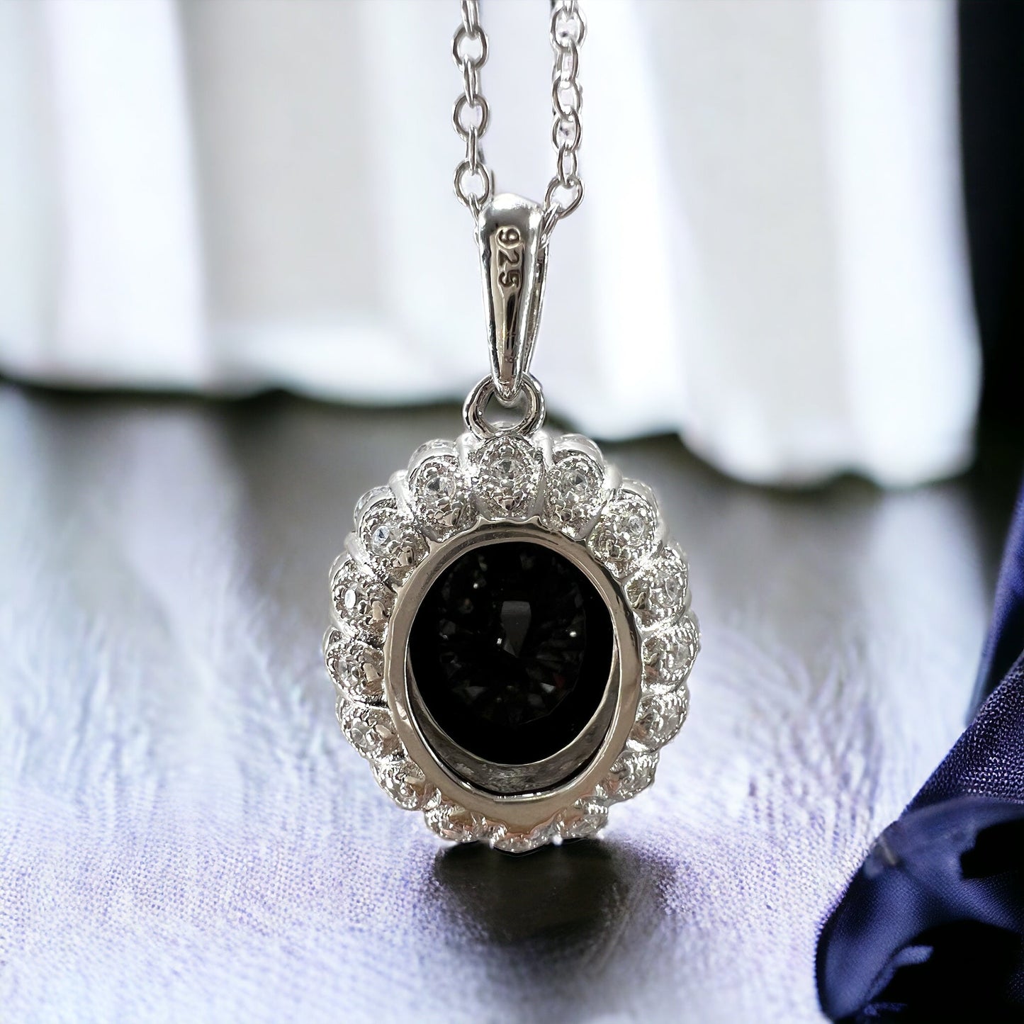 *PRE-ORDER - 925 Sterling Silver Oval Cut Black Onyx Halo Pendant Necklace
