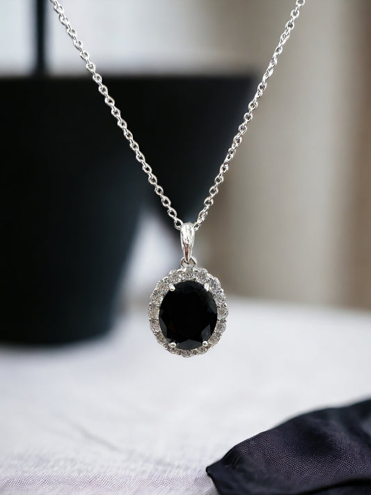 *PRE-ORDER - 925 Sterling Silver Oval Cut Black Onyx Halo Pendant Necklace
