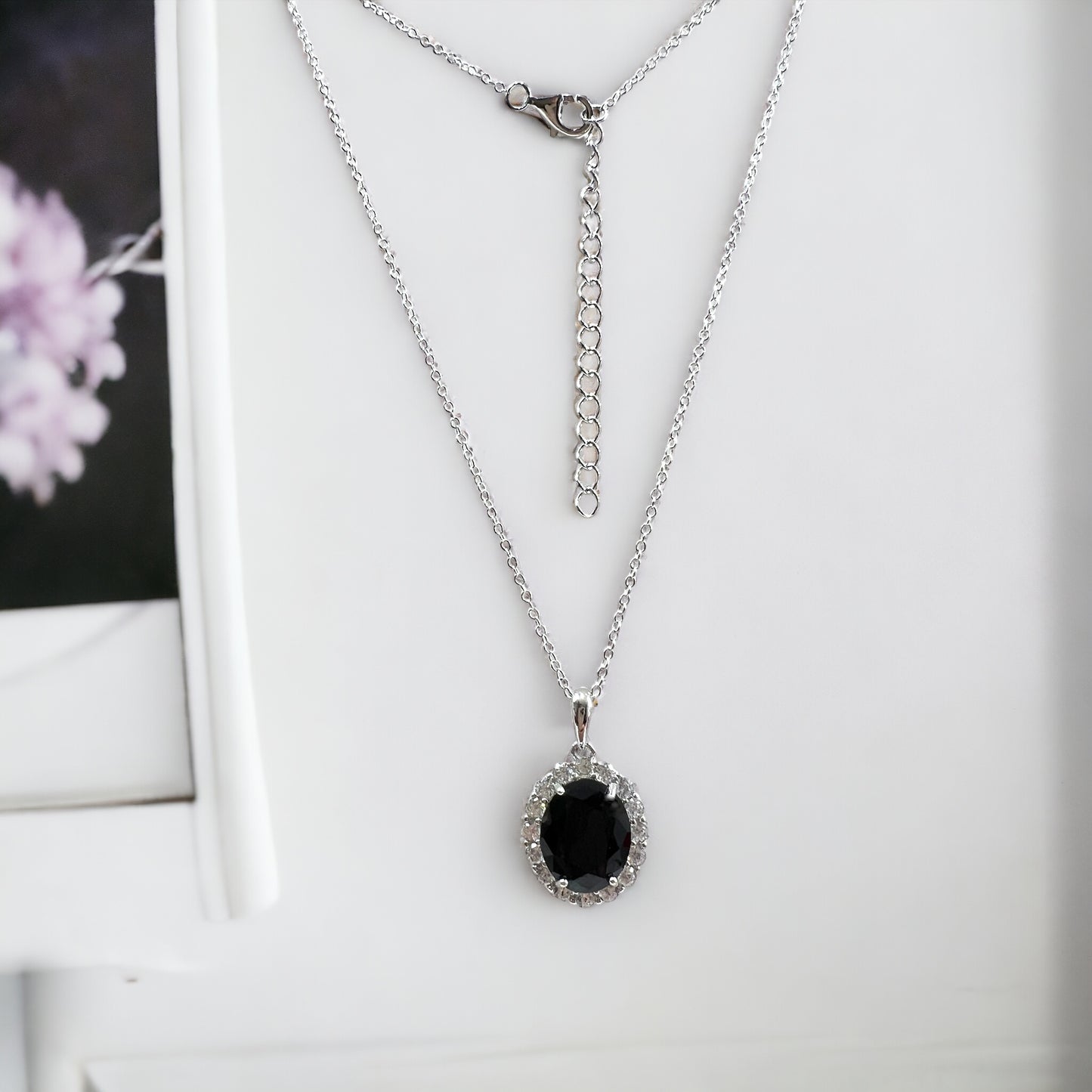 925 Sterling Silver Oval Cut Black Onyx Halo Pendant Necklace