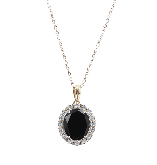 925 Sterling Silver Oval Cut Black Onyx Halo Pendant Necklace on Rose Gold