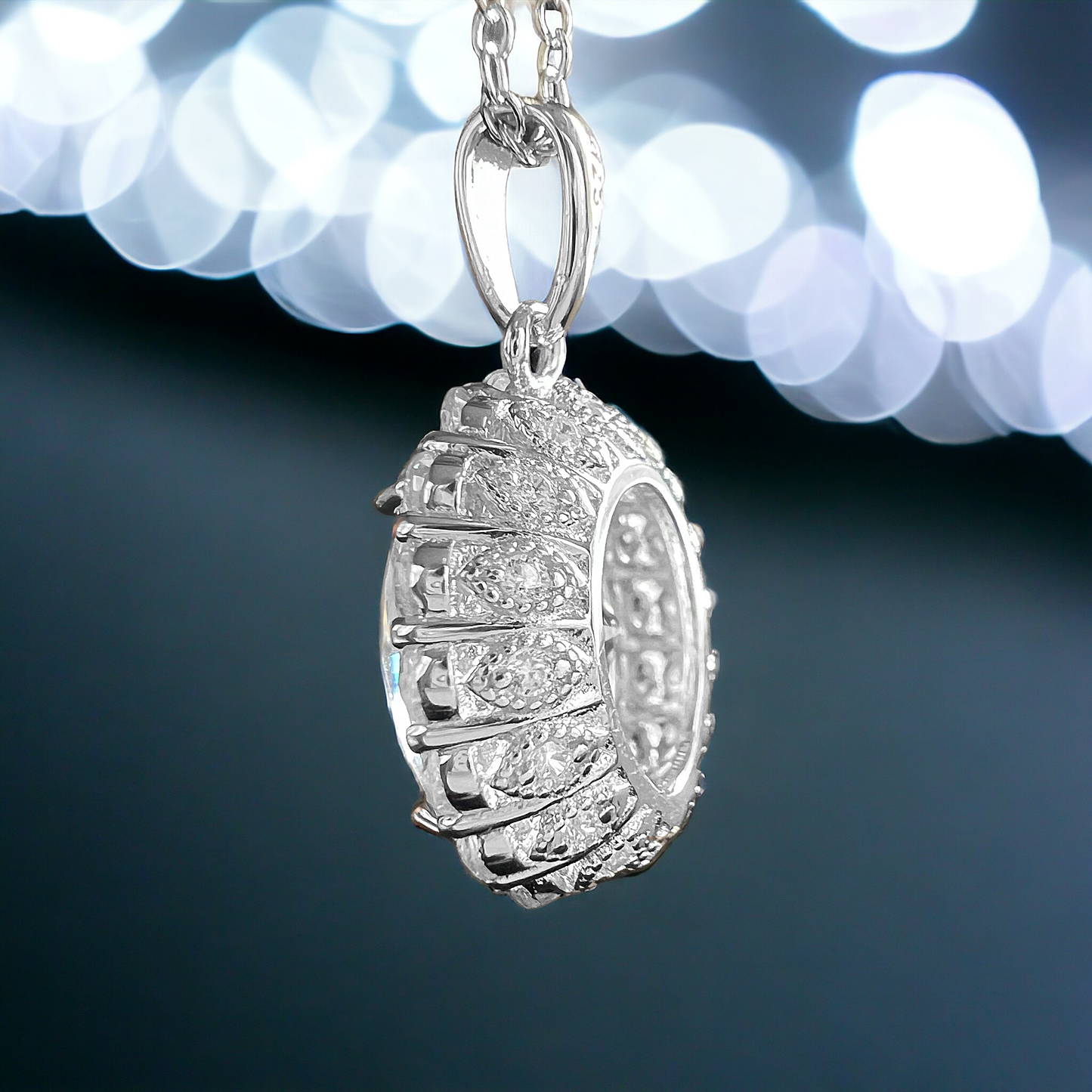 925 Sterling Silver Oval Cut Diamond CZ Halo Pendant Necklace