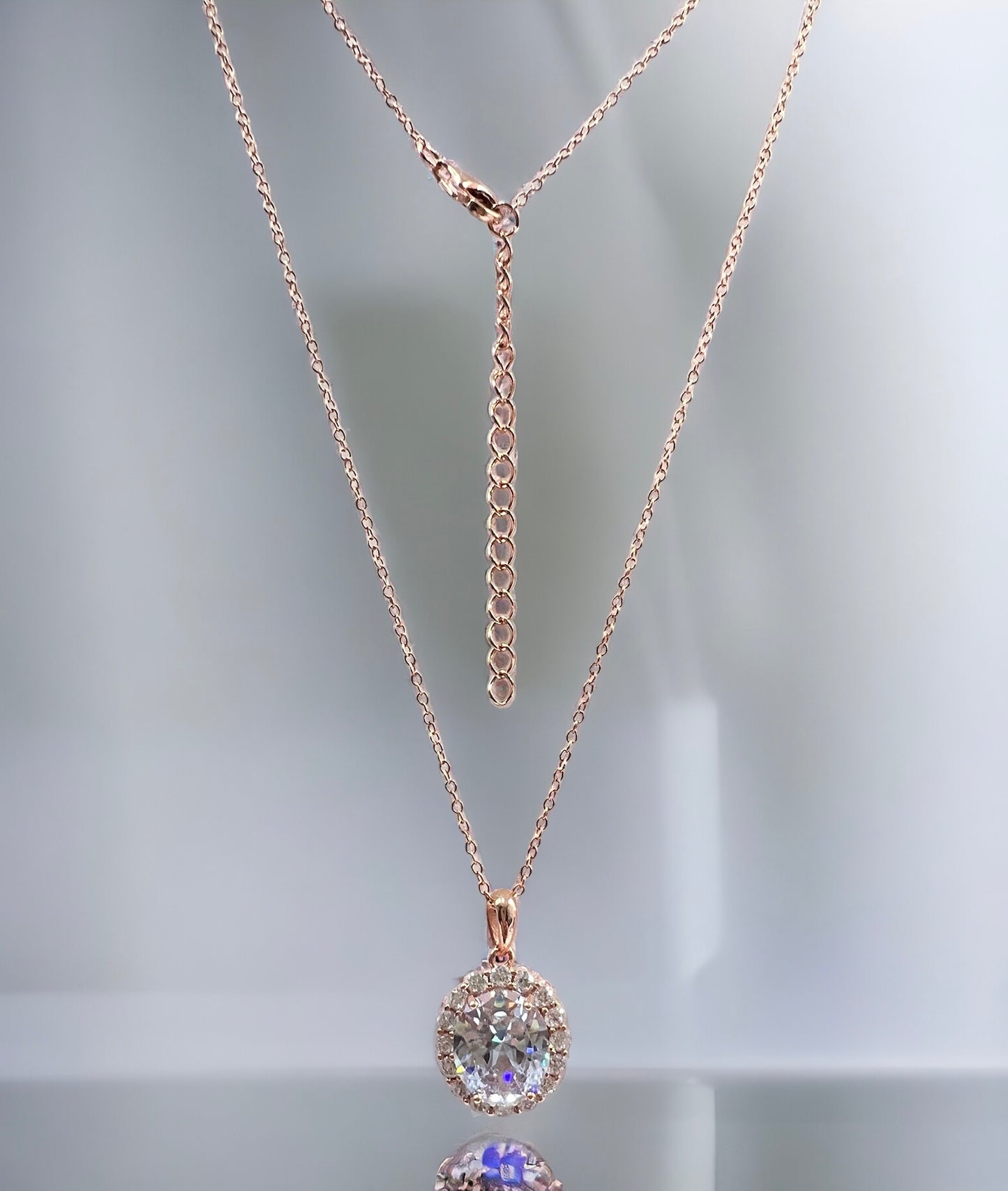 925 Sterling Silver Oval Cut Diamond CZ Halo Pendant Necklace - Rose Gold