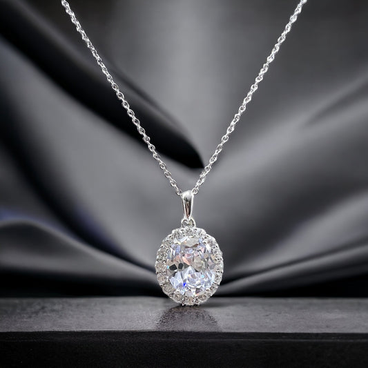 *PRE-ORDER - 925 Sterling Silver Oval Cut Diamond CZ Halo Pendant Necklace