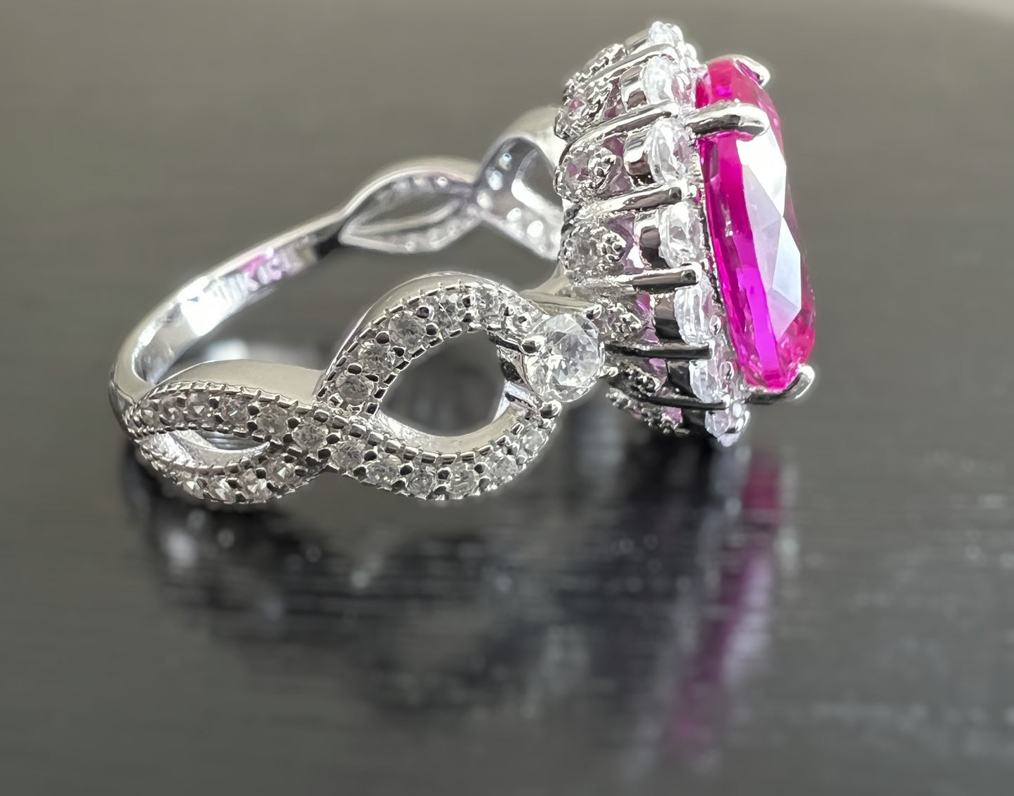 925 Sterling Silver Oval Cut Rose Corundum Infinity Band Ring