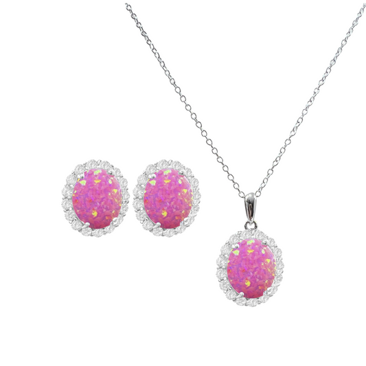 *PRE-ORDER - 925 Sterling Silver Oval Cut Royal Pink Fire Opal Necklace & Earrings Set