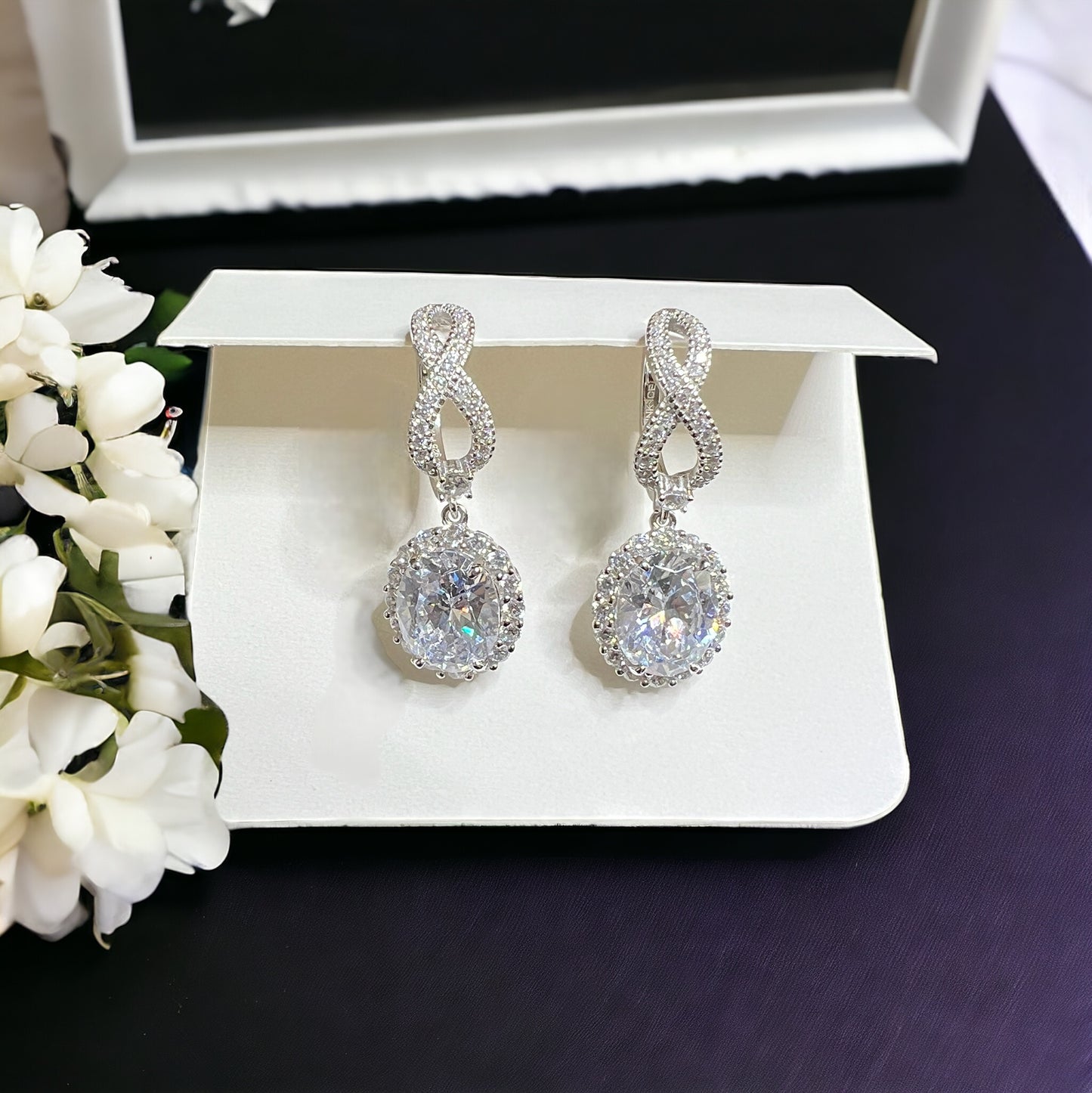 925 Sterling Silver Oval Halo Diamond CZ Infinity Drop Earrings
