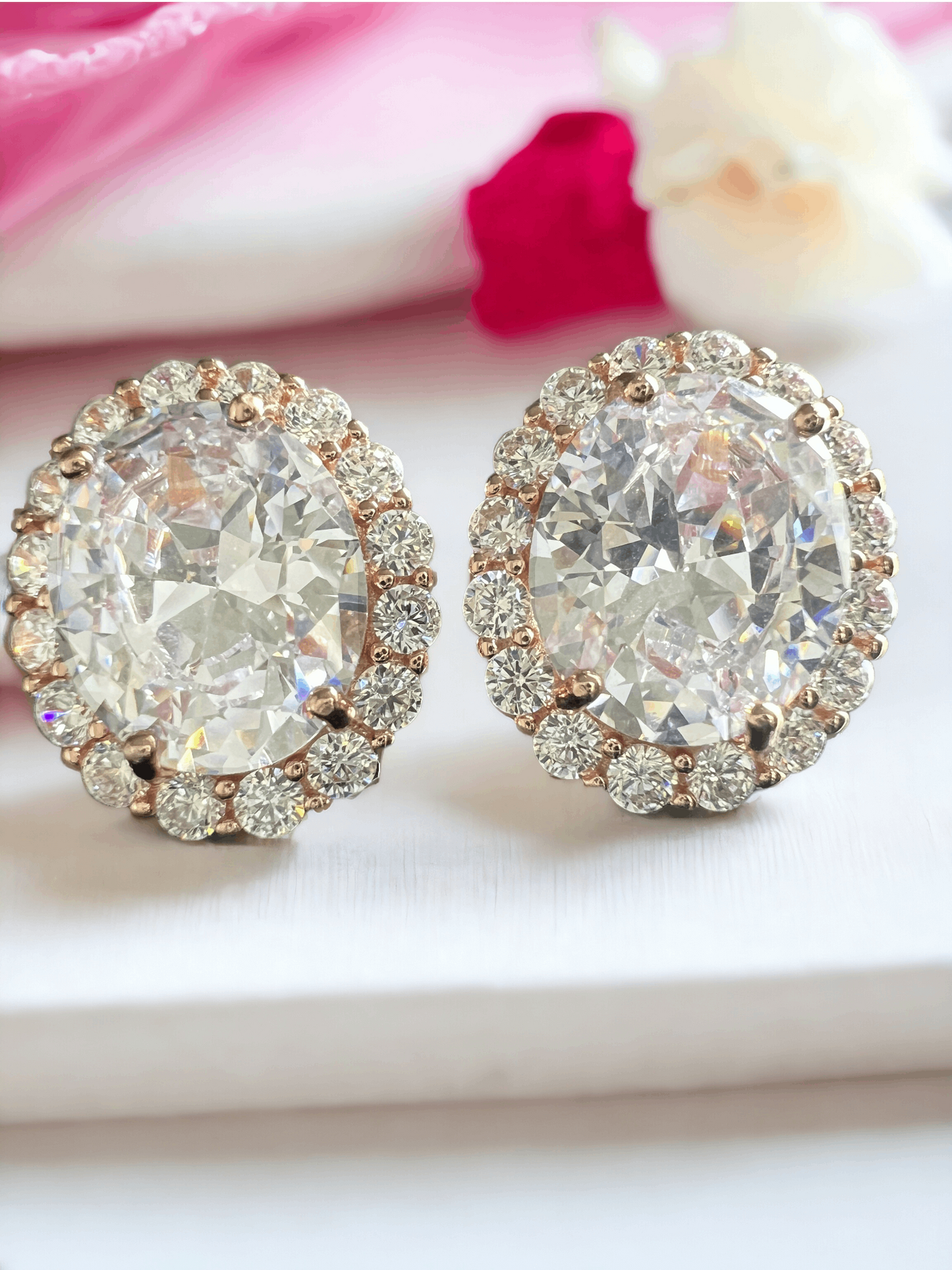 925 Sterling Silver Oval Halo Diamond CZ Stud Earrings - Rose Gold