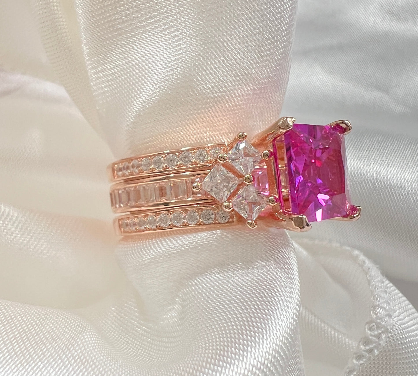925 Sterling Silver Princess Cut Rose Corundum CZ Tri-Band Ring