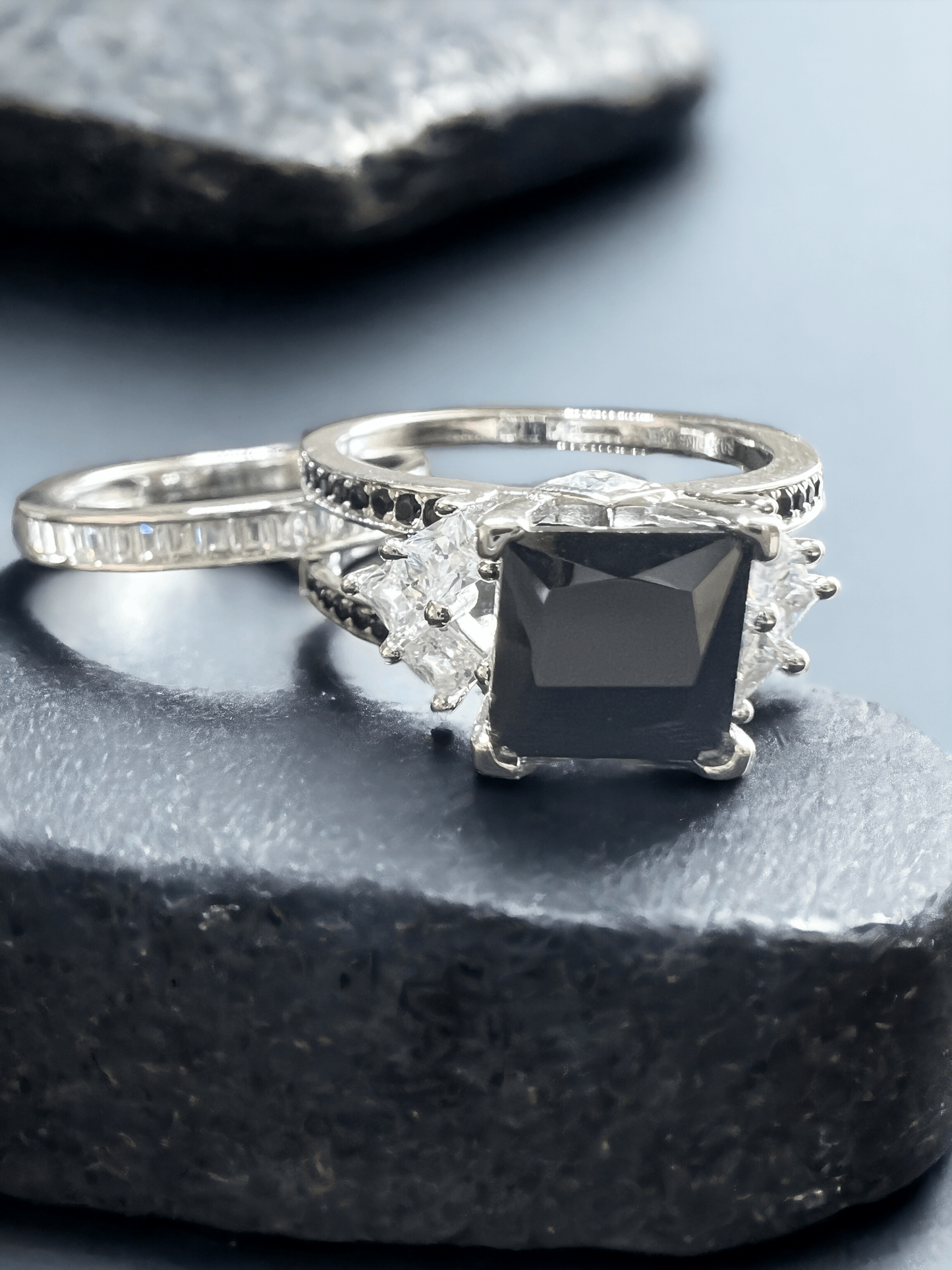 925 Sterling Silver Princess Cut, Black Onyx & Clear CZ Tri-Band Ring