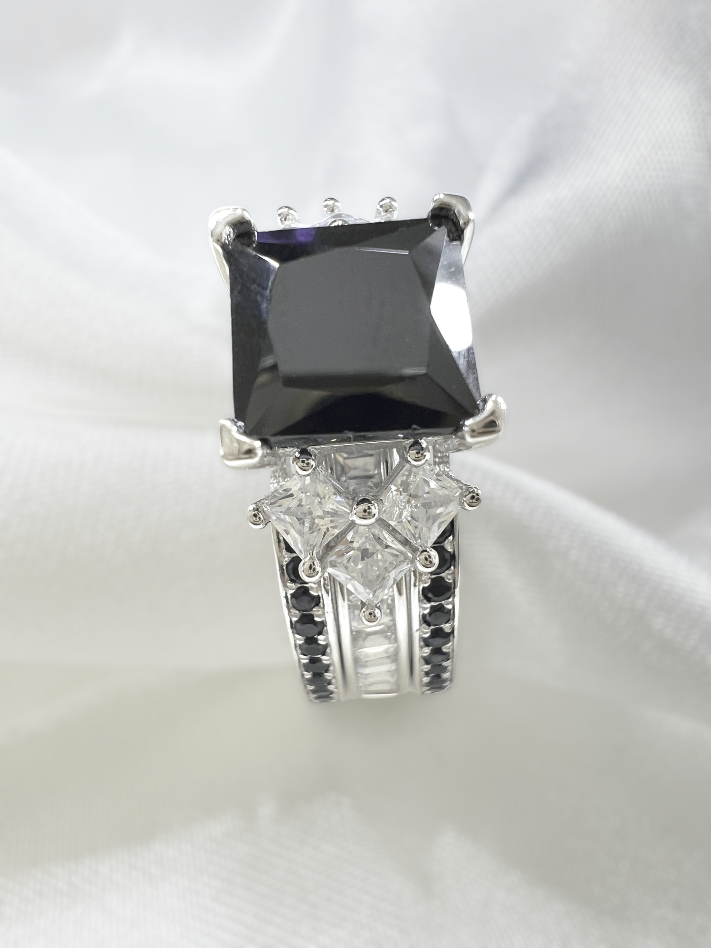 925 Sterling Silver Princess Cut, Black Onyx & Clear CZ Tri-Band Ring