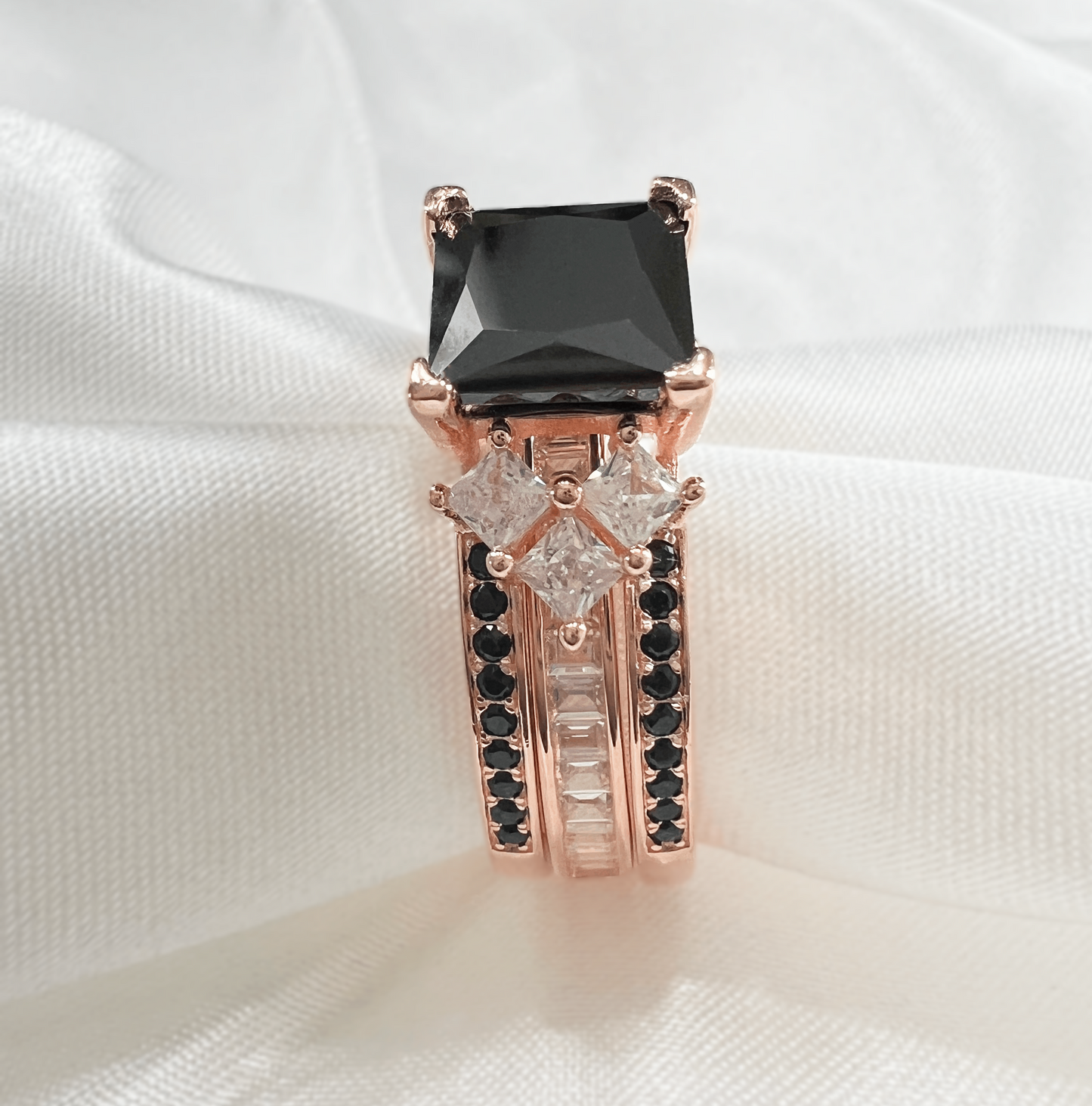 925 Sterling Silver Princess Cut, Black Onyx & Clear CZ Tri-Band Ring on Rose Gold
