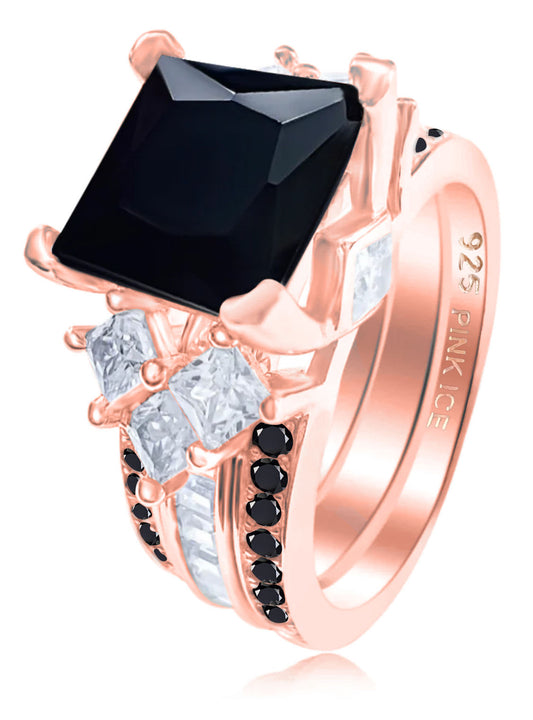 925 Sterling Silver Princess Cut, Black Onyx & Clear CZ Tri-Band Ring on Rose Gold
