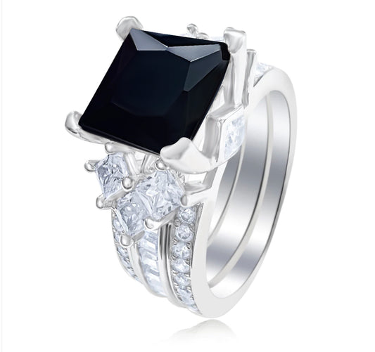 *PRE-ORDER – 925 Sterling Silver Princess Cut, Black Onyx & Clear CZ Tri-Band Ring