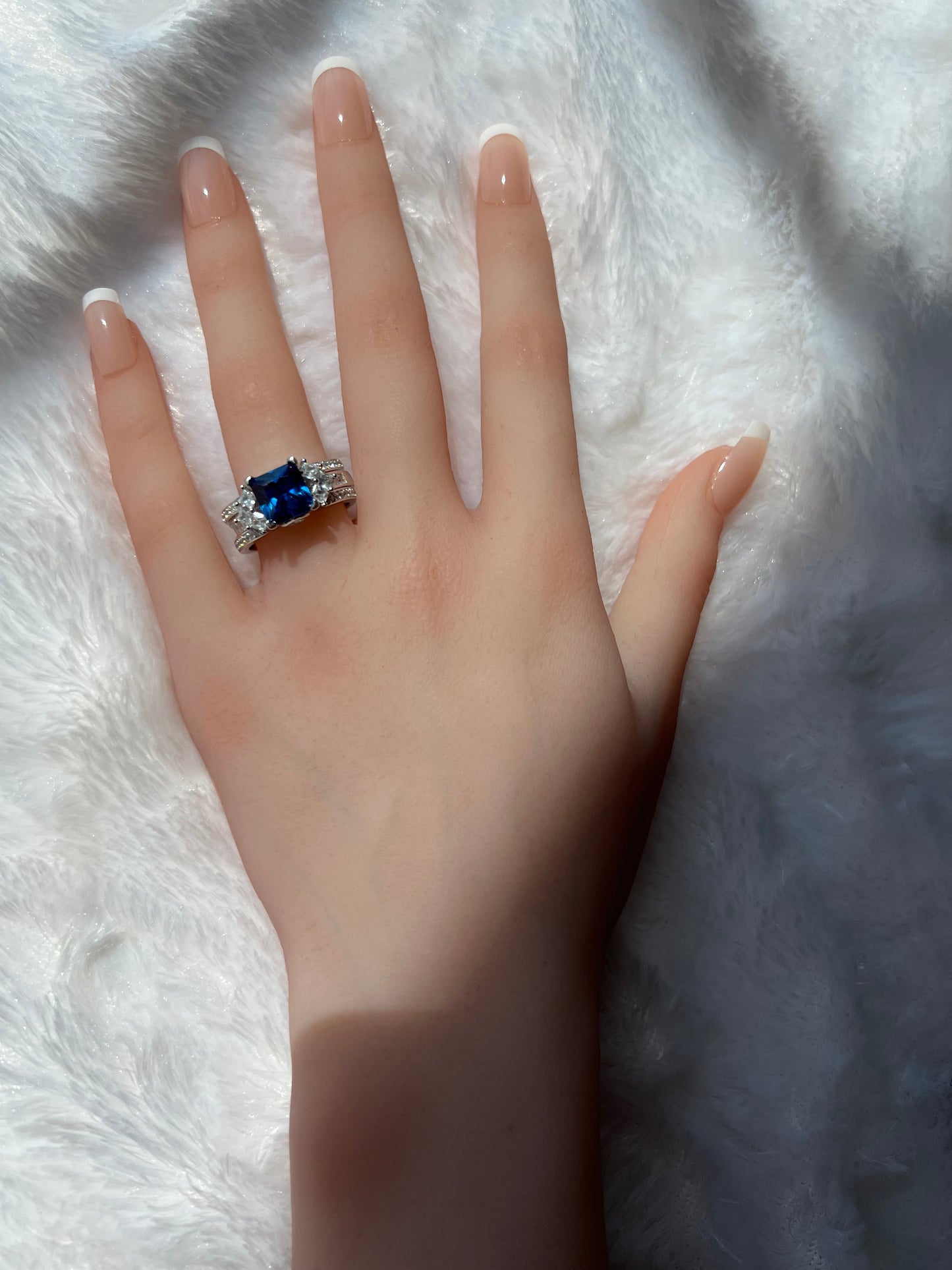 *PRE-ORDER - 925 Sterling Silver Princess Cut, Blue Sapphire & Clear CZ Tri-Band Ring