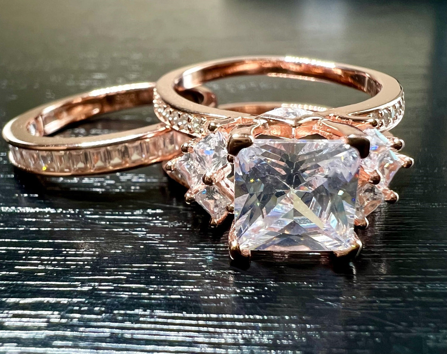 *PRE-ORDER - 925 Sterling Silver Princess Cut, Diamond CZ Tri Band Ring on Rose Gold