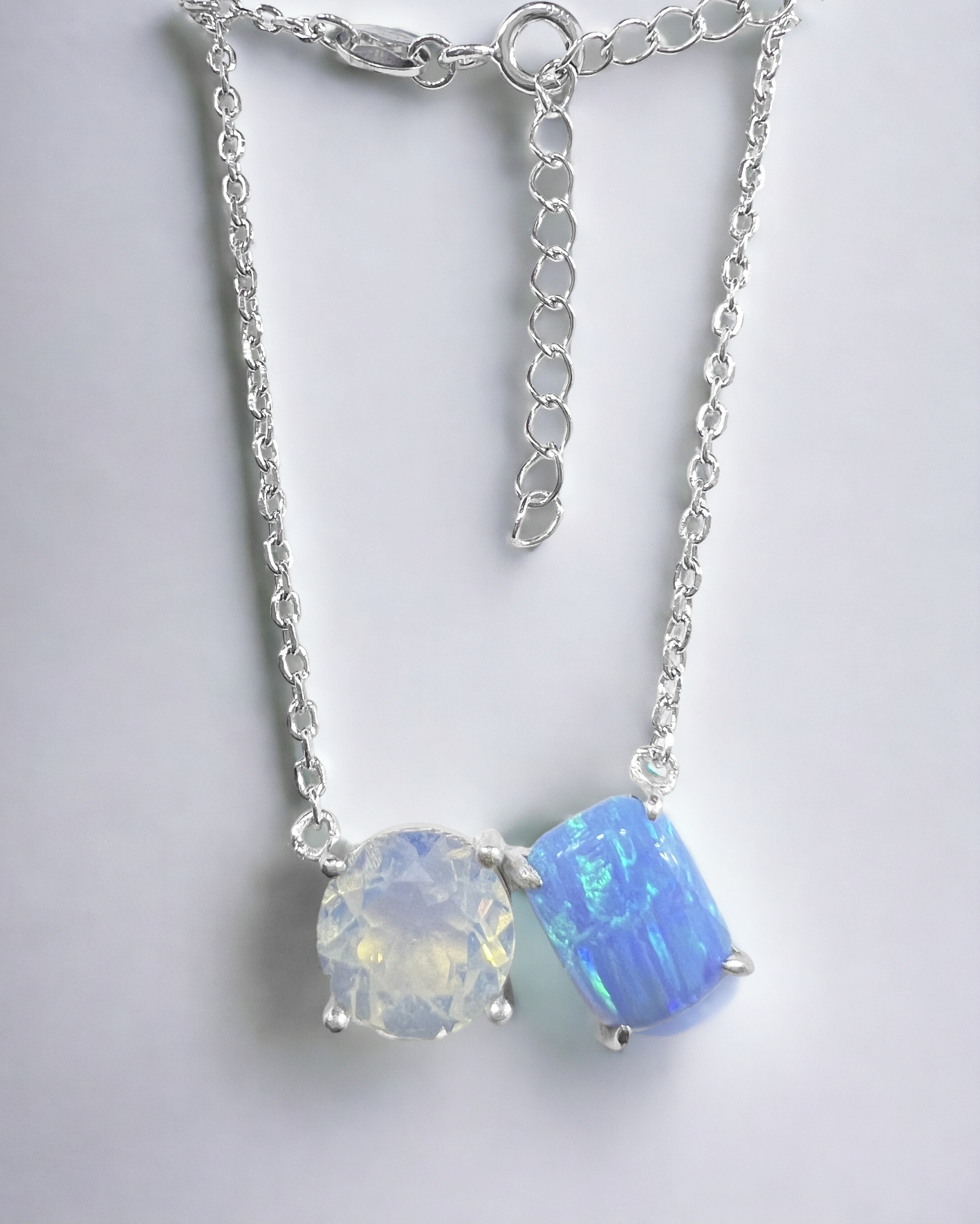 925 Sterling Silver White Moonstone and Blue Fire Opal Necklace