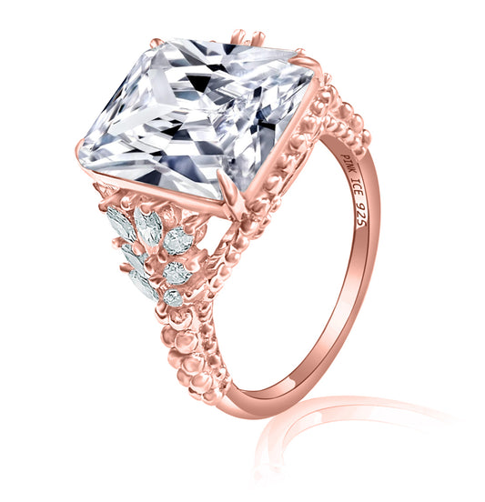 Diamond CZ Beaded Shank 925 Sterling Silver Ring on Rose Gold