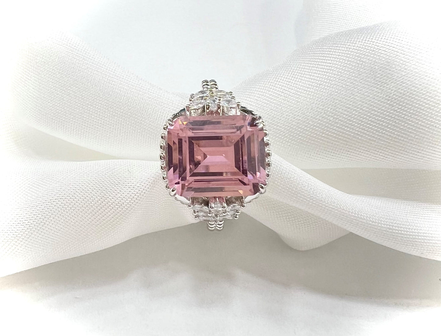 Emerald-Cut Pink CZ Beaded Shank 925 Sterling Silver Ring