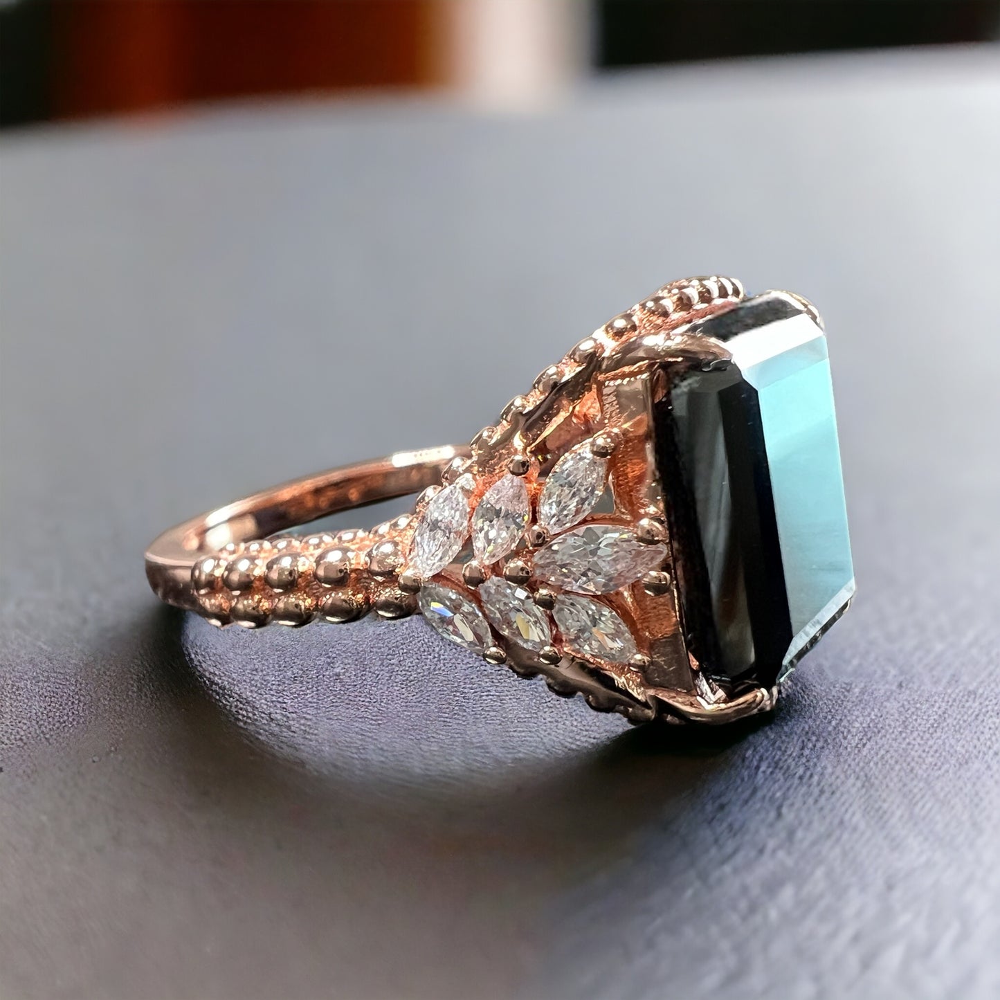 Emerald-Cut Black Onyx Beaded Shank 925 Sterling Silver Ring - Rose Gold