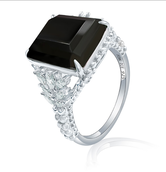 Emerald-Cut Black Onyx Beaded Shank 925 Sterling Silver Ring